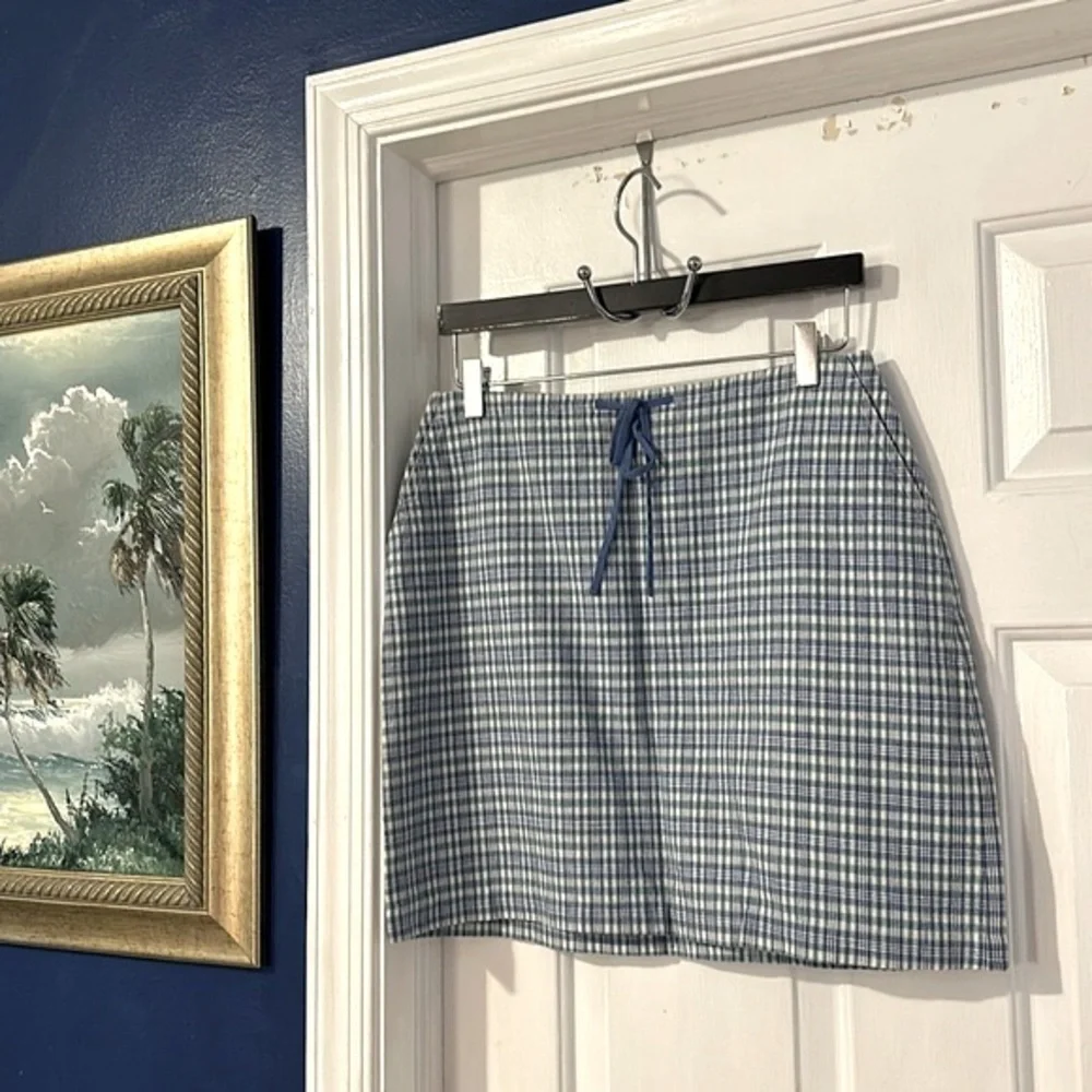 Women Boston Proper Blue Plaid Tie Top Cotton & Linen Skirt Size 8
